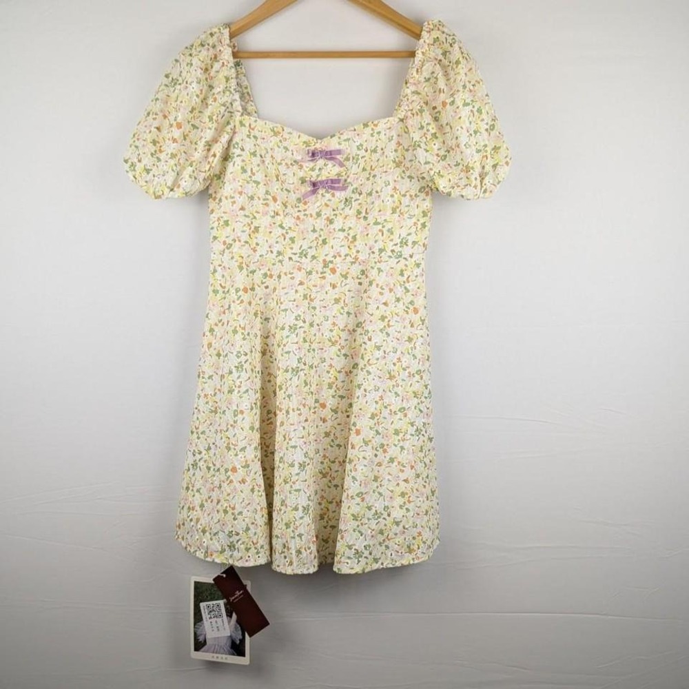 NWT SinceThen Floral Puff Sleeve Coquette Mini Dress Bow Detail Size Medium